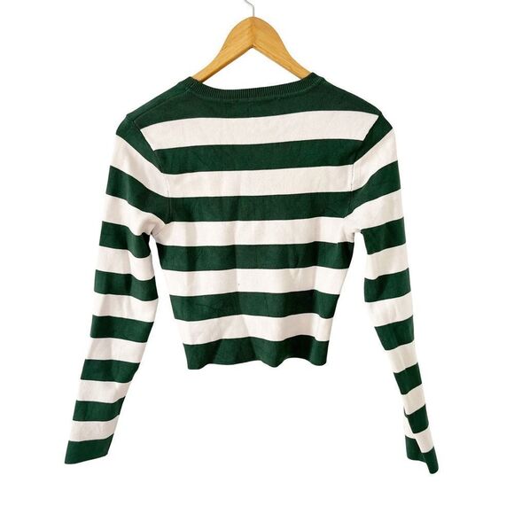 Zara NWOT Green Cream‎ Striped Crop Long Sleeve Crewneck Sweater - Picture 3 of 7